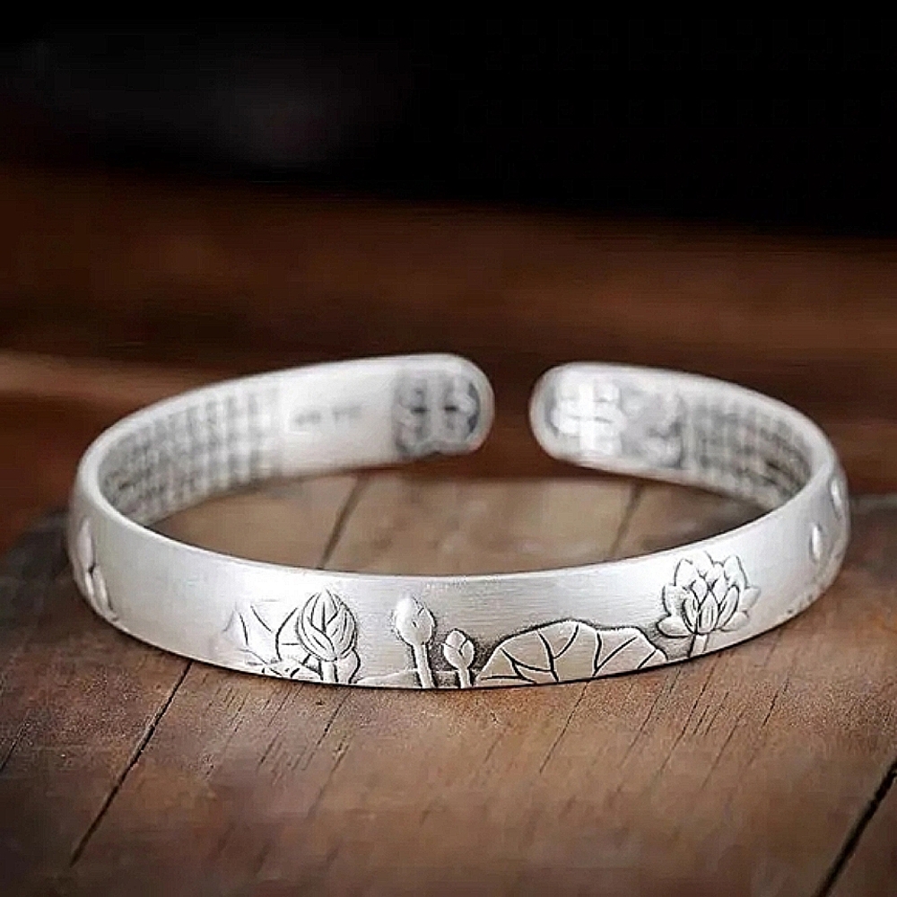 NEW Brushed 999 Pure Silver Lotus Flower Heart Sutra Bracelet - Picture 3 of 11